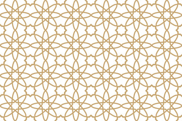 Seamless golden pattern Traditional Arabic ornament Geometric motifs with an eight-pointed star and flowers Perfect for luxury backgrounds, Islamic design projects, invitations textile surfaces