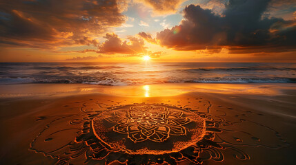 Obraz premium Sacred geometric mandala patterns in sand at sunset beach