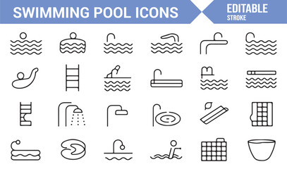Linear illustration set of pool features, slides, and wave patterns