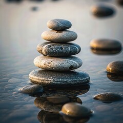 Balanced stack of river stones with soft reflections