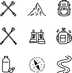 Minimalist Black Line Vector Grid of Nine Hiking and Outdoor Icons Featuring Trekking Poles, Mountain, Backpack, Boots, Compass, Water Bottle, and Trail Path for Nature Adventure Themes