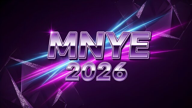 ibrant and Energetic Graphic for an MNYE 2026 Party Featuring Bold Metallic Purple and Silver Typography.