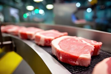 Closeup of pork cuts moving along a conveyor belt in a meat processing facility during daylight