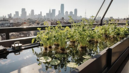 Modern rooftop terrace featuring a water garden with a cityscape background.