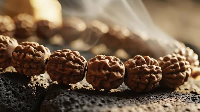 Sacred rudraksha beads moving slowly in meditative spiritual practice video, close up view of mala beads, calming zen motion