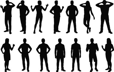 Set of standing people silhouettes men and women in various casual and business poses vector illustration.