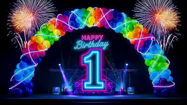 One year of joy and color&mdash;neon birthday glow, balloon arch, and fireworks light up the first milestone.