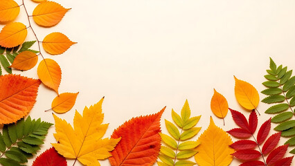Vibrant autumn leaves frame a light background, showcasing the beautiful palette of fall foliage and the changing seasons in nature