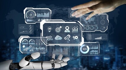 AI reading big data visualization dashboard, analyzing insights, identifying patterns, and...