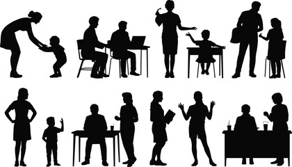 Set of vector silhouettes depicting people interactions including teacher student parent child and business meeting scenes.
