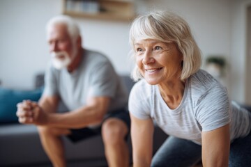 Senior couple smiles while exercising together at home during morning routine for better health and fitness