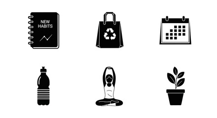 Set of black icon designs for new habits and sustainability activities