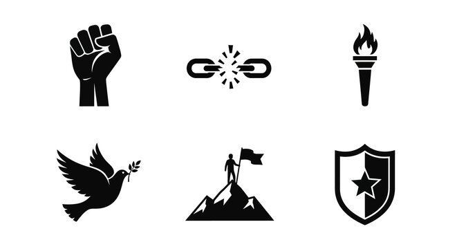 Icons of freedom and strength: fist, broken chain, torch, peace dove, mountain climber, shield