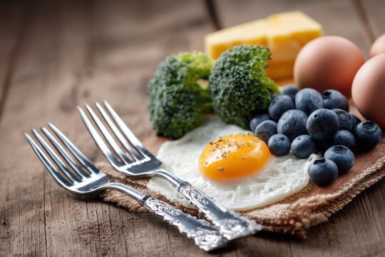 Healthy breakfast spread featuring eggs, fresh vegetables, and blueberries on a rustic wooden table