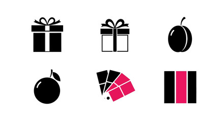 Minimalist icons of gifts, fruit, and color palettes in black and pink