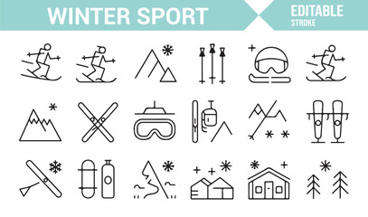Cold-weather activity icon pack featuring skiers and snowboards