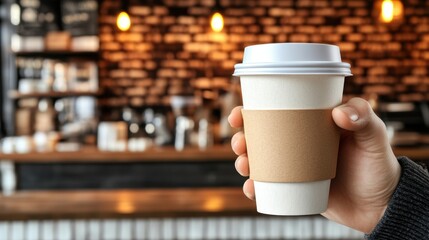 A person is holding a white disposable coffee cup with a brown sleeve in their hand at a Coffee Shop. The background is blurred