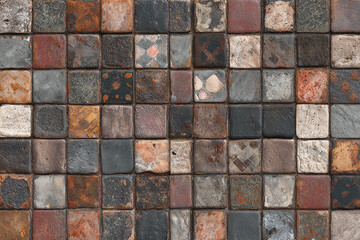 A textured surface with a mosaic of square tiles in earthy tones of brown gray and rust
