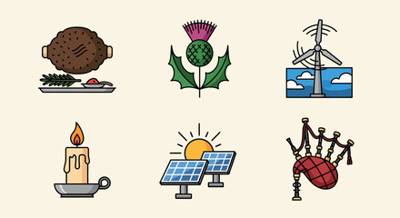 Scottish symbols collection: haggis, thistle, wind turbine, candle, solar panels, bagpipes