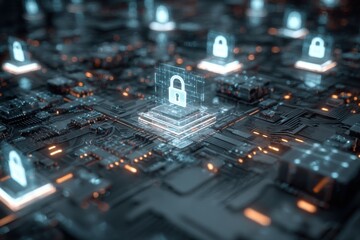 Hacker attack scenario in a digital landscape with security locks represented on a complex circuit board