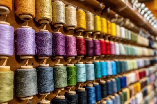Colorful spools of thread organized in a craft room create a vibrant display for sewing enthusiasts and artists to enjoy while working on various projects