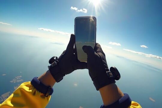 Hands with Skydiving Gloves Holding Cellphone in Freefall