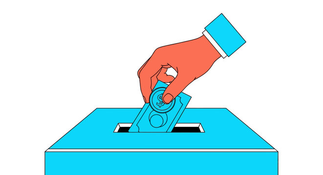 Hand inserting cash into donation box in colorful pop art style