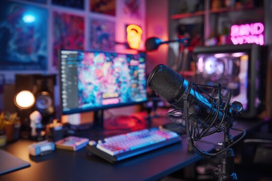 Live streaming setup in a home studio featuring colorful neon lights and modern equipment for engaging online content creation