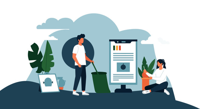 Eco-conscious digital age: people engaged in sustainable practices with modern technology