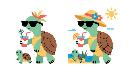 Cute cartoon turtles on summer vacation holding cocktails and wearing sunglasses under the sun, isolated