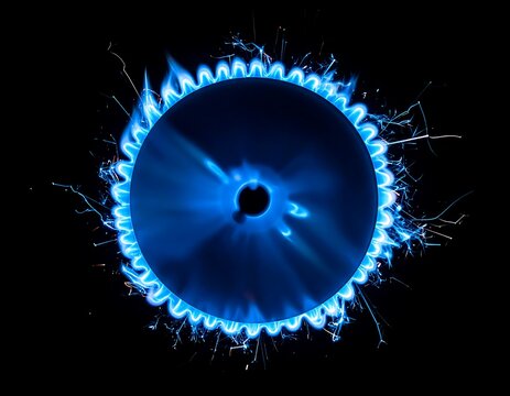Concentric blue flame ring erupts from a dark center, surrounded by electric sparks against a stark black backdrop