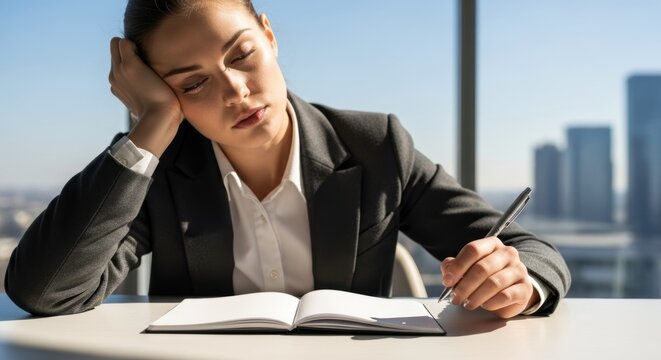Exhausted businesswoman needs some rest after deadline in office. Feeling burnout after hard work, she needs some rest during daytime after sleepless night sitting in front of computer.