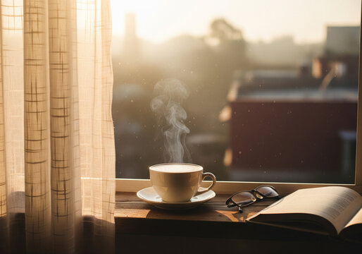 Cosy morning scene with coffee cup book and glasses by the window bathed in warm sunlight perfect for relaxation and lifestyle concepts - Powered by Adobe