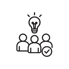 Business management teamwork icon with group brainstorming lightbulb and approved idea black and white vector illustration