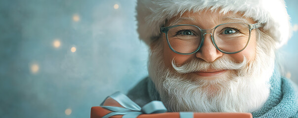 Close up portrait of smiling Santa Claus wearing glasses and holding a gift. Happy old man with white beard and red hat on blue background with bokeh. Christmas holiday banner with copy space