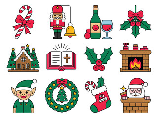 Collection of christmas themed illustrations including santa and a gingerbread house