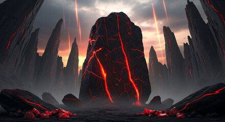 Mysterious glowing monoliths in a dark alien landscape with fiery energy beams