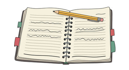 Spiral notebook and pencil on open pages with colorful tabs, hand-drawn style