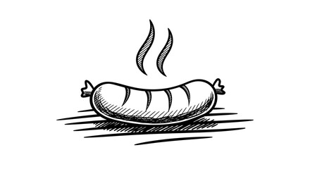 Hand drawn grilled sausage with smoke lines on white background