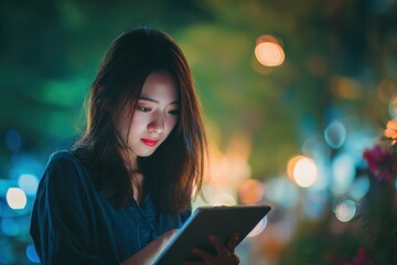 Asian girl using tablet to stream online content in a vibrant outdoor setting at night with colorful lights and a lively atmosphere