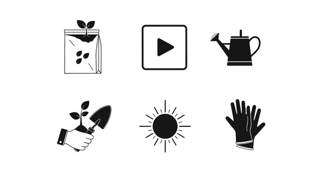 Essential garden tools: simple black icons for gardening enthusiasts