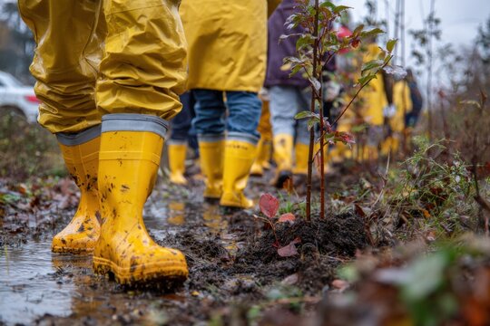 Rainy day tree planting event at local park with participants in yellow rain gear engaging in environmental conservation