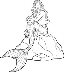 Elegant Black and White Outline Drawing of a Mermaid Sitting on a Rock, Beautiful Mythical Siren with Long Wavy Hair and Detailed Scale Tail, Vector Coloring Page