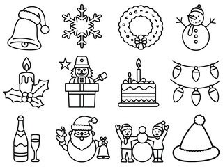 Collection of christmas themed line art illustrations including santa and a snowman