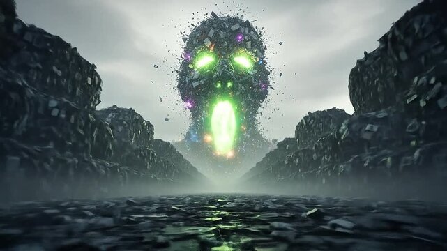 Dystopian Tech Waste Monster Screaming Face Electronic Debris Pile Colossus Threatening Environmental Crisis Concept Art 3D Render