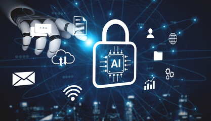 A futuristic robotic hand reaches for a digital padlock, symbolizing AI security in a high-tech environment filled with network and technology icons. Gantry
