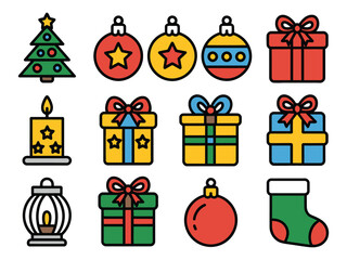 A christmas themed vector graphic featuring a tree ornaments gifts and other icons