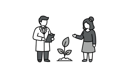 Minimalist black and white illustration of professionals discussing plant growth
