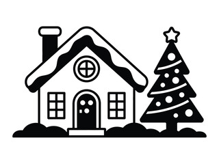 A black and white illustration of a christmas house and a christmas tree icon