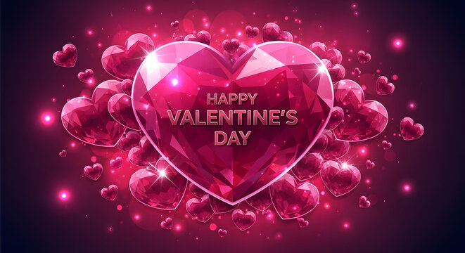 Festive valentines day greeting featuring a brilliant pink faceted heart and sparkling light effects
